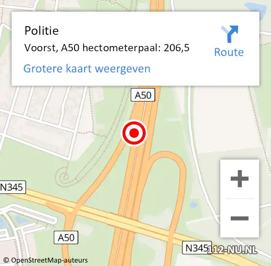 Locatie op kaart van de 112 melding: Politie Voorst, A50 hectometerpaal: 206,5 op 25 juli 2024 11:53