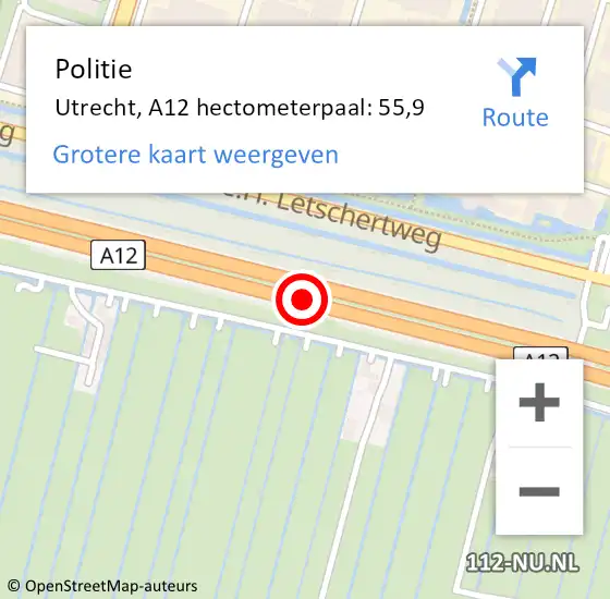 Locatie op kaart van de 112 melding: Politie Utrecht, A12 hectometerpaal: 55,9 op 25 juli 2024 12:45