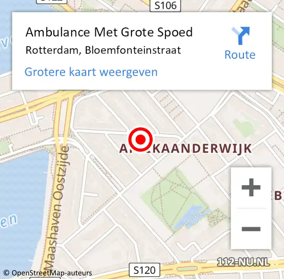 Locatie op kaart van de 112 melding: Ambulance Met Grote Spoed Naar Rotterdam, Bloemfonteinstraat op 25 juli 2024 13:21