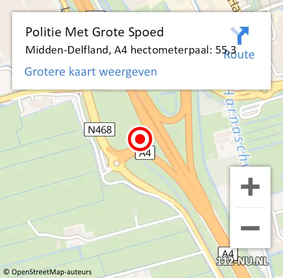 Locatie op kaart van de 112 melding: Politie Met Grote Spoed Naar Midden-Delfland, A4 hectometerpaal: 55,3 op 25 juli 2024 16:04