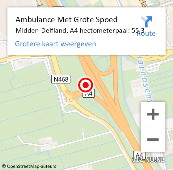 Locatie op kaart van de 112 melding: Ambulance Met Grote Spoed Naar Midden-Delfland, A4 hectometerpaal: 55,3 op 25 juli 2024 16:04