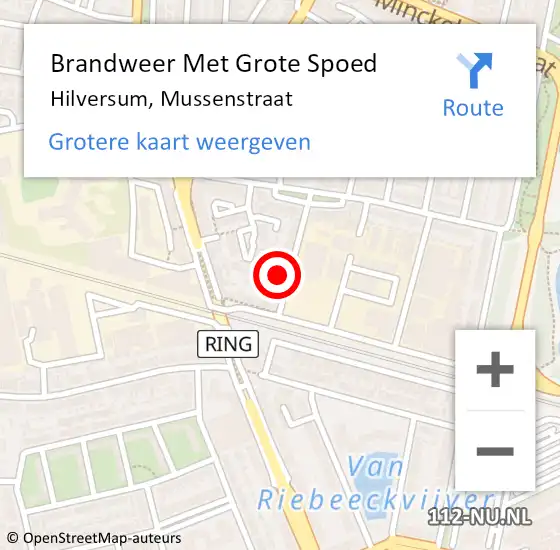 Locatie op kaart van de 112 melding: Brandweer Met Grote Spoed Naar Hilversum, Mussenstraat op 25 juli 2024 17:52