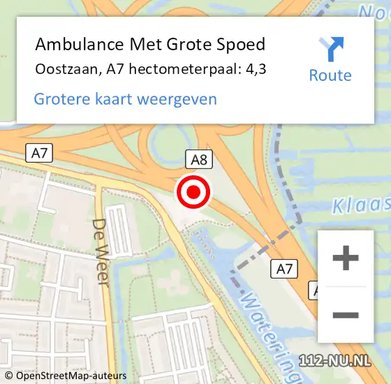 Locatie op kaart van de 112 melding: Ambulance Met Grote Spoed Naar Oostzaan, A7 hectometerpaal: 4,3 op 25 juli 2024 18:45