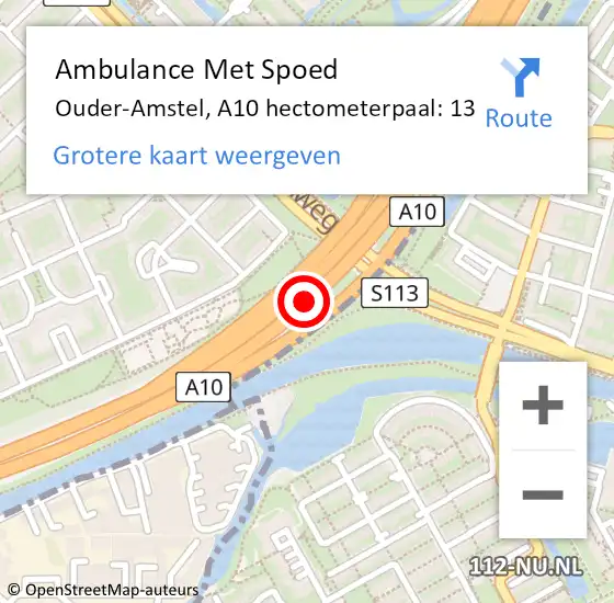 Locatie op kaart van de 112 melding: Ambulance Met Spoed Naar Ouder-Amstel, A10 hectometerpaal: 13 op 25 juli 2024 19:11