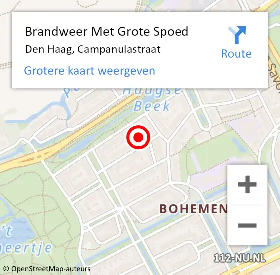 Locatie op kaart van de 112 melding: Brandweer Met Grote Spoed Naar Den Haag, Campanulastraat op 25 juli 2024 19:28