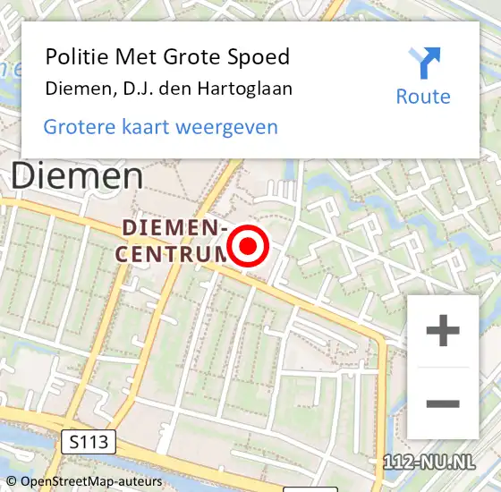 Locatie op kaart van de 112 melding: Politie Met Grote Spoed Naar Diemen, D.J. den Hartoglaan op 26 juli 2024 00:31