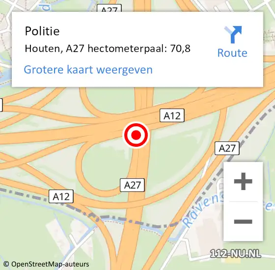 Locatie op kaart van de 112 melding: Politie Houten, A27 hectometerpaal: 70,8 op 26 juli 2024 05:58