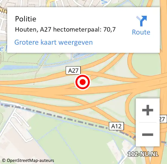 Locatie op kaart van de 112 melding: Politie Houten, A27 hectometerpaal: 70,7 op 26 juli 2024 06:00