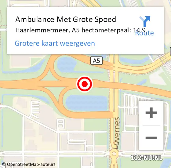 Locatie op kaart van de 112 melding: Ambulance Met Grote Spoed Naar Haarlemmermeer, A5 hectometerpaal: 14,9 op 26 juli 2024 08:00