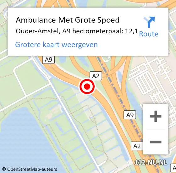 Locatie op kaart van de 112 melding: Ambulance Met Grote Spoed Naar Ouder-Amstel, A9 hectometerpaal: 12,1 op 26 juli 2024 08:15