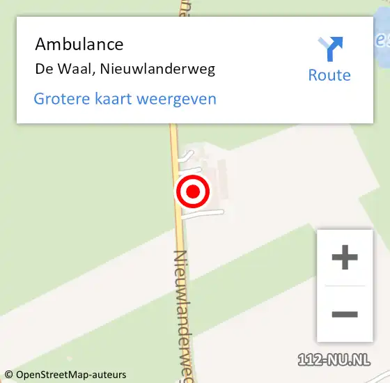 Locatie op kaart van de 112 melding: Ambulance De Waal, Nieuwlanderweg op 26 juli 2024 10:18