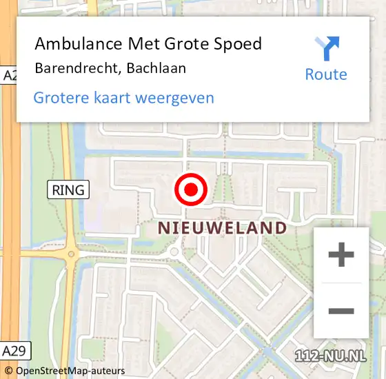 Locatie op kaart van de 112 melding: Ambulance Met Grote Spoed Naar Barendrecht, Bachlaan op 26 juli 2024 11:15