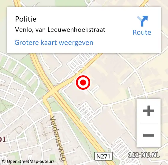 Locatie op kaart van de 112 melding: Politie Venlo, van Leeuwenhoekstraat op 26 juli 2024 11:18