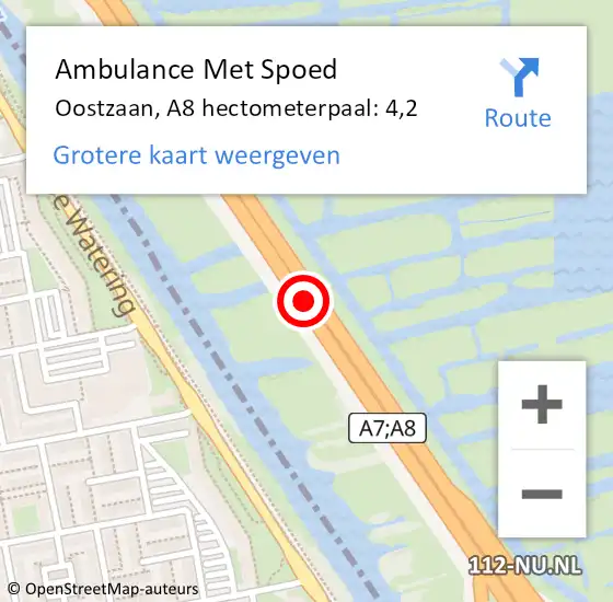 Locatie op kaart van de 112 melding: Ambulance Met Spoed Naar Oostzaan, A8 hectometerpaal: 4,2 op 26 juli 2024 12:01