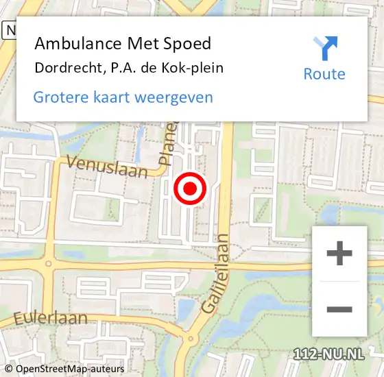 Locatie op kaart van de 112 melding: Ambulance Met Spoed Naar Dordrecht, P.A. de Kok-plein op 26 juli 2024 12:33