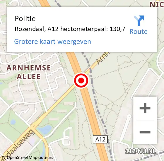 Locatie op kaart van de 112 melding: Politie Rozendaal, A12 hectometerpaal: 130,7 op 26 juli 2024 12:45