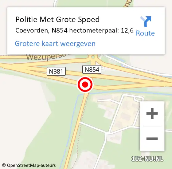 Locatie op kaart van de 112 melding: Politie Met Grote Spoed Naar Coevorden, N854 hectometerpaal: 12,6 op 26 juli 2024 13:38