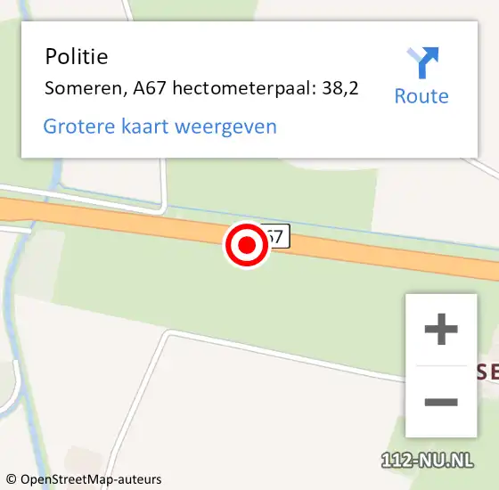 Locatie op kaart van de 112 melding: Politie Someren, A67 hectometerpaal: 38,2 op 26 juli 2024 13:59
