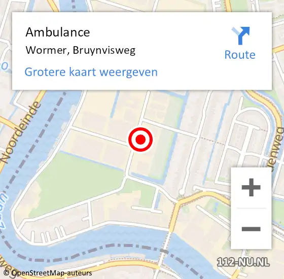 Locatie op kaart van de 112 melding: Ambulance Wormer, Bruynvisweg op 26 juli 2024 14:08