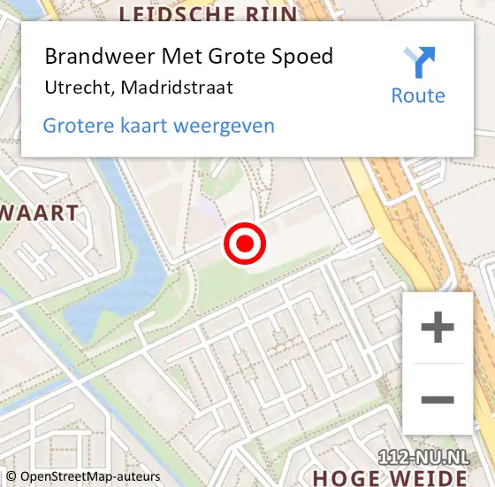 Locatie op kaart van de 112 melding: Brandweer Met Grote Spoed Naar Utrecht, Madridstraat op 26 juli 2024 14:15