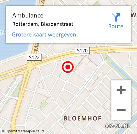 Locatie op kaart van de 112 melding: Ambulance Rotterdam, Blazoenstraat op 26 juli 2024 14:33
