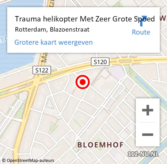 Locatie op kaart van de 112 melding: Trauma helikopter Met Zeer Grote Spoed Naar Rotterdam, Blazoenstraat op 26 juli 2024 14:36