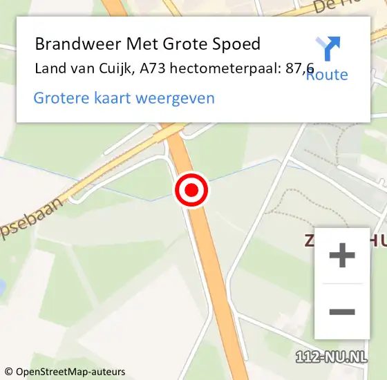 Locatie op kaart van de 112 melding: Brandweer Met Grote Spoed Naar Land van Cuijk, A73 hectometerpaal: 87,6 op 26 juli 2024 15:19