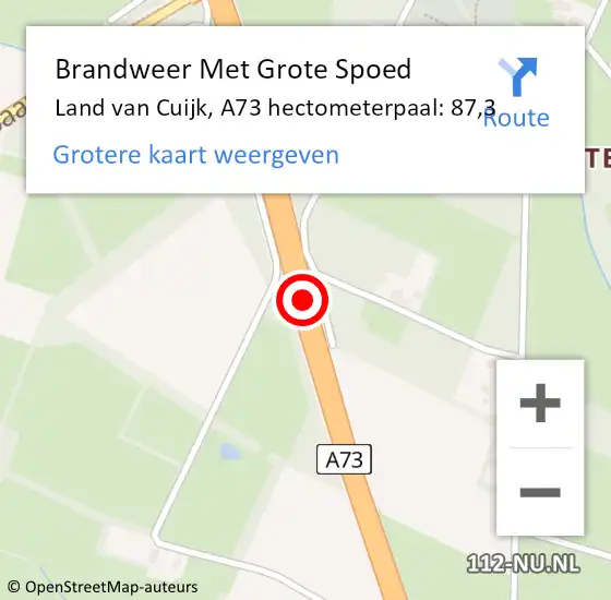 Locatie op kaart van de 112 melding: Brandweer Met Grote Spoed Naar Land van Cuijk, A73 hectometerpaal: 87,3 op 26 juli 2024 15:24
