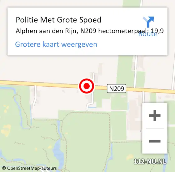 Locatie op kaart van de 112 melding: Politie Met Grote Spoed Naar Alphen aan den Rijn, N209 hectometerpaal: 19,9 op 26 juli 2024 16:14