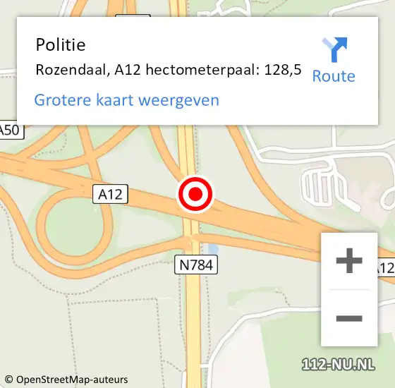 Locatie op kaart van de 112 melding: Politie Rozendaal, A12 hectometerpaal: 128,5 op 26 juli 2024 16:31