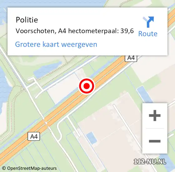 Locatie op kaart van de 112 melding: Politie Voorschoten, A4 hectometerpaal: 39,6 op 26 juli 2024 17:02