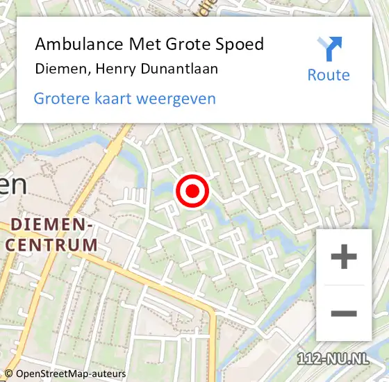 Locatie op kaart van de 112 melding: Ambulance Met Grote Spoed Naar Diemen, Henry Dunantlaan op 26 juli 2024 17:19