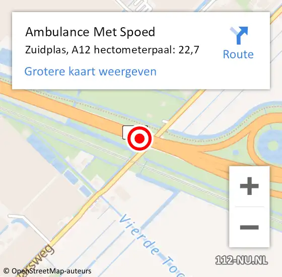 Locatie op kaart van de 112 melding: Ambulance Met Spoed Naar Zuidplas, A12 hectometerpaal: 22,7 op 26 juli 2024 17:33