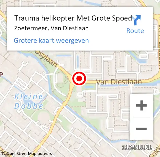 Locatie op kaart van de 112 melding: Trauma helikopter Met Grote Spoed Naar Zoetermeer, Van Diestlaan op 26 juli 2024 18:49
