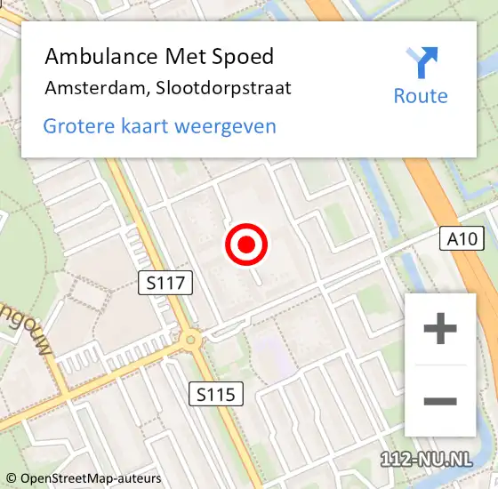 Locatie op kaart van de 112 melding: Ambulance Met Spoed Naar Amsterdam, Slootdorpstraat op 26 juli 2024 20:13