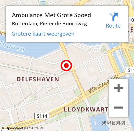 Locatie op kaart van de 112 melding: Ambulance Met Grote Spoed Naar Rotterdam, Pieter de Hoochweg op 26 juli 2024 21:00