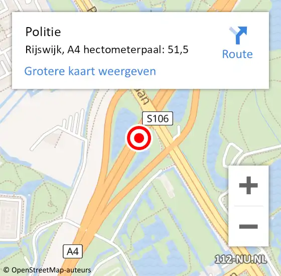 Locatie op kaart van de 112 melding: Politie Rijswijk, A4 hectometerpaal: 51,5 op 26 juli 2024 21:58