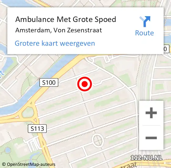 Locatie op kaart van de 112 melding: Ambulance Met Grote Spoed Naar Amsterdam, Von Zesenstraat op 26 juli 2024 22:08