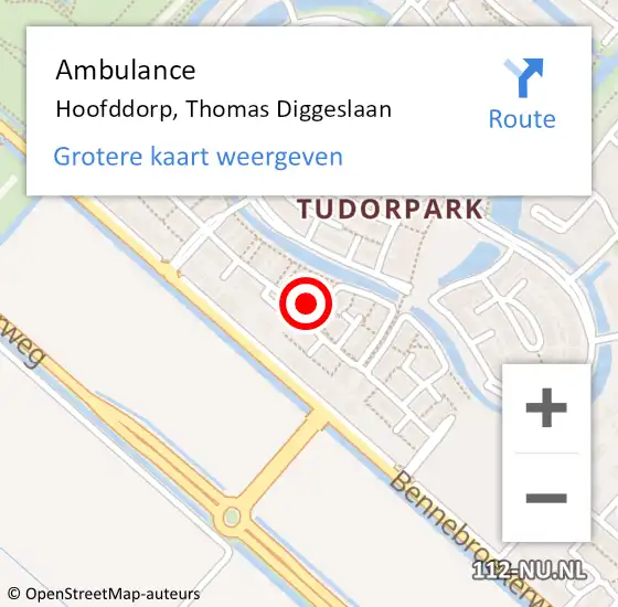 Locatie op kaart van de 112 melding: Ambulance Hoofddorp, Thomas Diggeslaan op 26 juli 2024 22:44