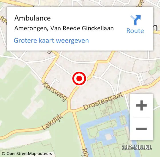 Locatie op kaart van de 112 melding: Ambulance Amerongen, Van Reede Ginckellaan op 14 oktober 2014 13:02