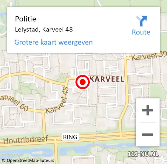 Locatie op kaart van de 112 melding: Politie Lelystad, Karveel 48 op 26 juli 2024 23:08