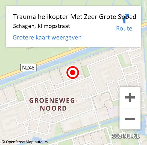 Locatie op kaart van de 112 melding: Trauma helikopter Met Zeer Grote Spoed Naar Schagen, Klimopstraat op 27 juli 2024 01:54