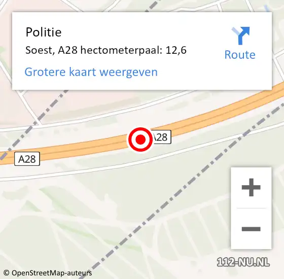 Locatie op kaart van de 112 melding: Politie Soest, A28 hectometerpaal: 12,6 op 27 juli 2024 02:18