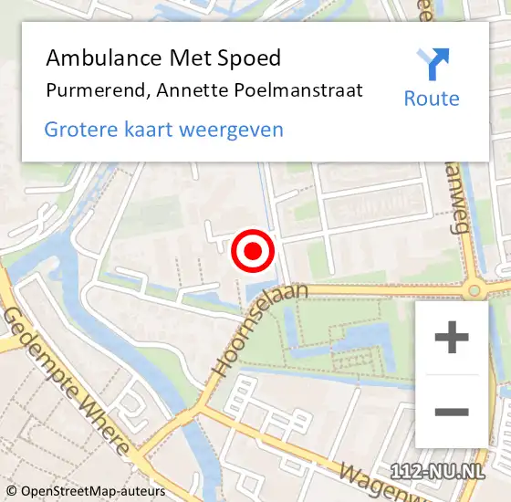 Locatie op kaart van de 112 melding: Ambulance Met Spoed Naar Purmerend, Annette Poelmanstraat op 27 juli 2024 06:34