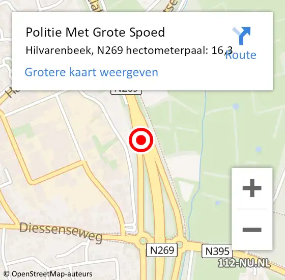 Locatie op kaart van de 112 melding: Politie Met Grote Spoed Naar Hilvarenbeek, N269 hectometerpaal: 16,3 op 27 juli 2024 08:03