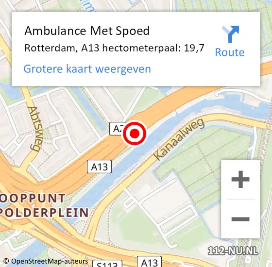 Locatie op kaart van de 112 melding: Ambulance Met Spoed Naar Rotterdam, A13 hectometerpaal: 19,7 op 27 juli 2024 08:17