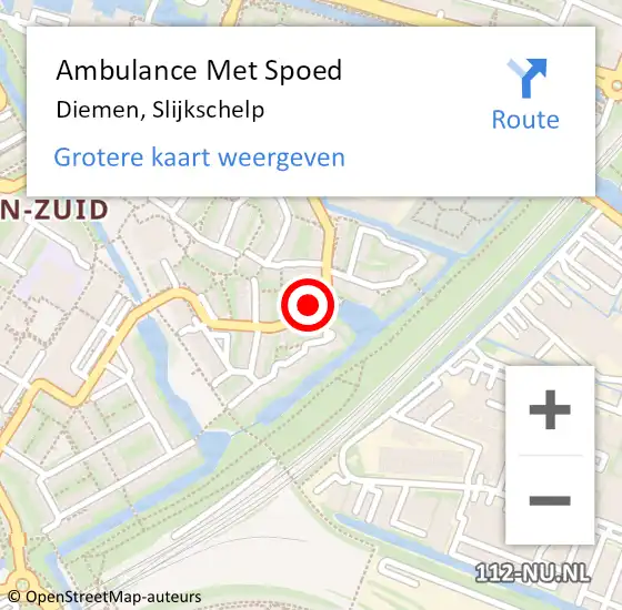 Locatie op kaart van de 112 melding: Ambulance Met Spoed Naar Diemen, Slijkschelp op 27 juli 2024 09:00