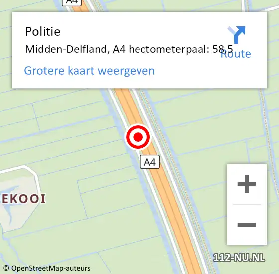 Locatie op kaart van de 112 melding: Politie Midden-Delfland, A4 hectometerpaal: 58,5 op 27 juli 2024 09:52