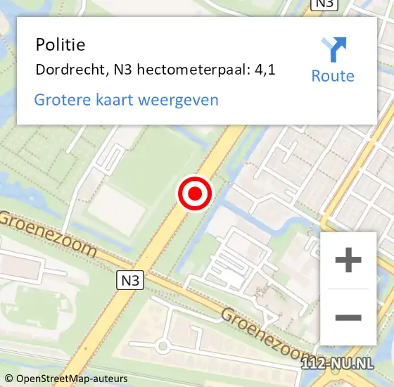 Locatie op kaart van de 112 melding: Politie Dordrecht, N3 hectometerpaal: 4,1 op 27 juli 2024 11:43