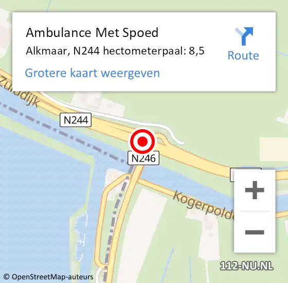 Locatie op kaart van de 112 melding: Ambulance Met Spoed Naar Alkmaar, N244 hectometerpaal: 8,5 op 27 juli 2024 11:48